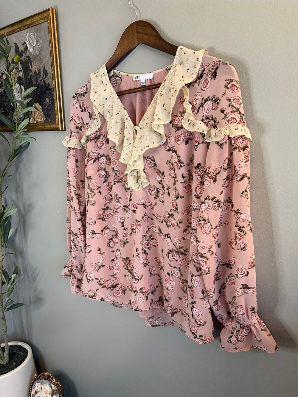 DR2 Pink Rose Floral Ruffle Blouse Small Cottagecore Romantic Boho - Picture 6 of 11